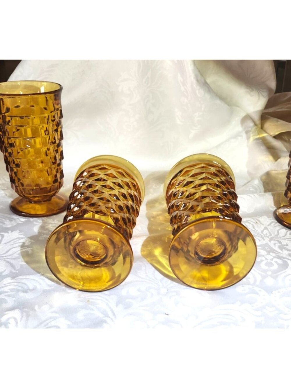 Set Of 4 Vintage Colony Whitehall Amber Glass Footed Iced Tea Tumblers - Picture 5 of 10